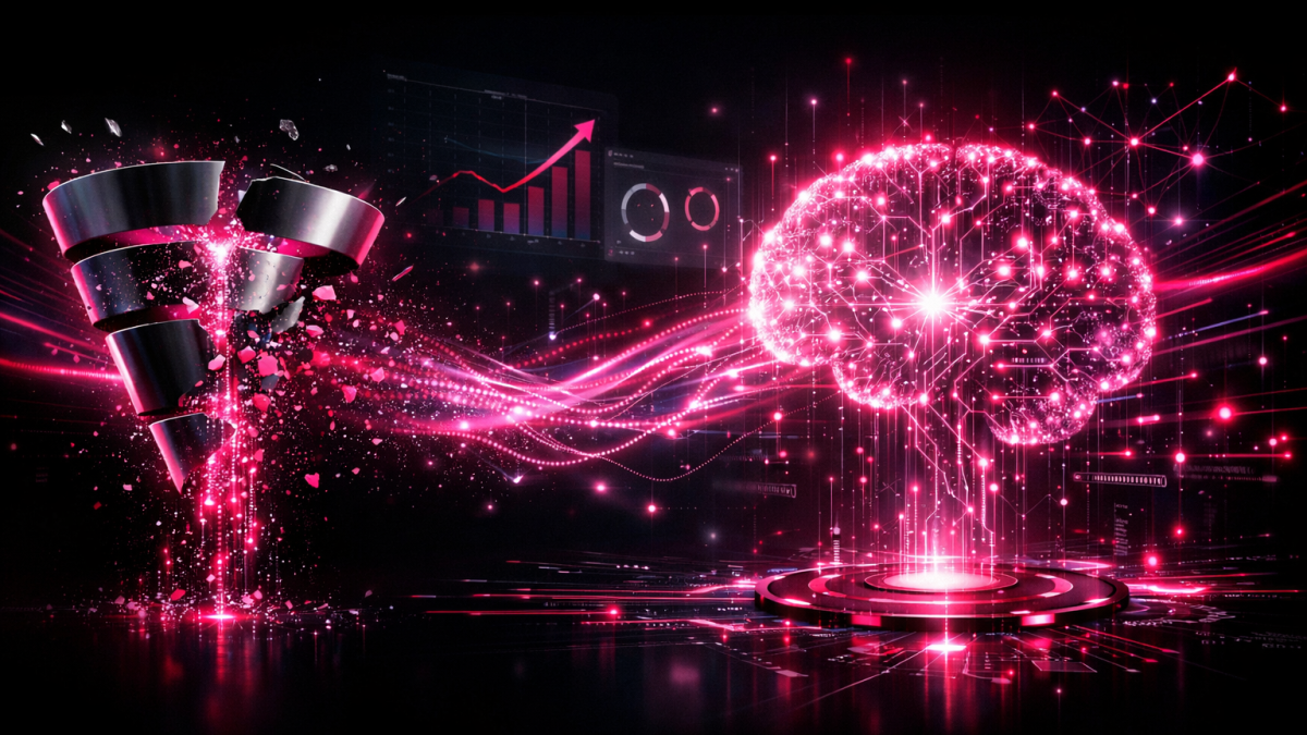 Ilustração futurista em fundo escuro mostrando a evolução do inbound marketing para um sistema de geração de demanda com inteligência artificial, dados, gráficos de crescimento e elementos digitais em neon rosa.