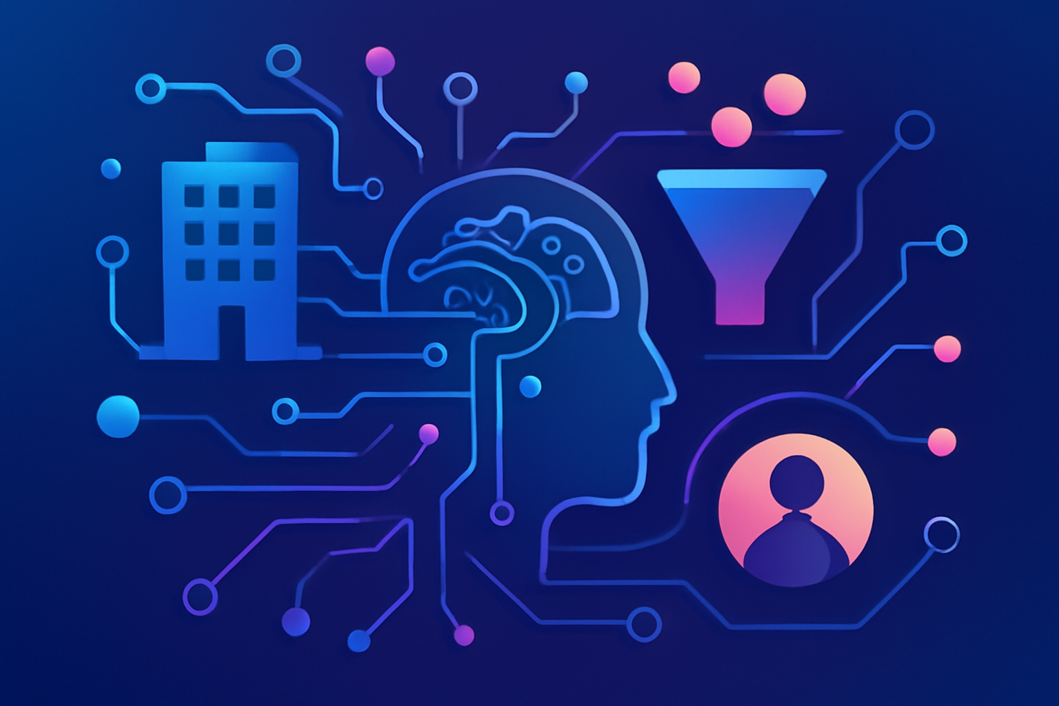 representa o conceito de IA aplicada ao Marketing B2B. A imagem foi projetada para destacar elementos como IA, estruturas digitais, e conceitos de qualificação de leads e funil de vendas.