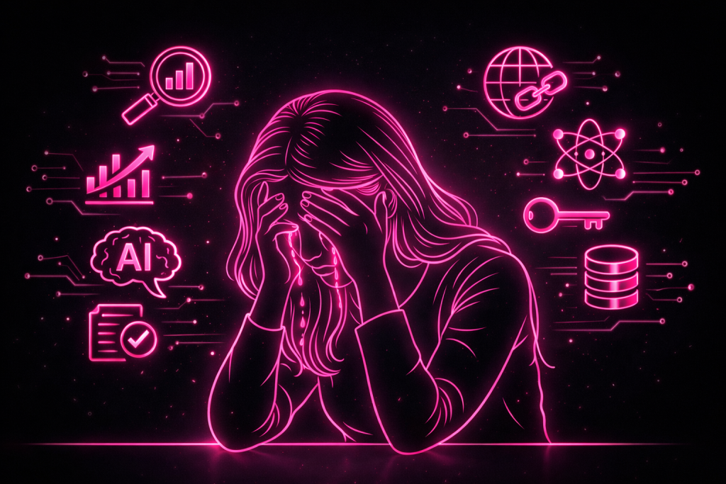 Ilustração em neon rosa sobre fundo escuro representando inteligência artificial, dados e a nova era do SEO baseada em autoridade e contexto