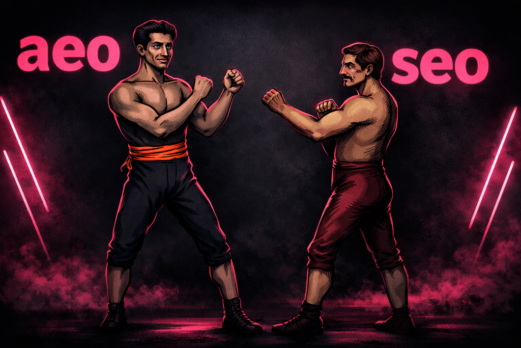 Ilustração em estilo vintage de dois boxeadores representando AEO e SEO, com fundo escuro, detalhes em rosa neon e visual moderno alinhado ao branding da Beatz.