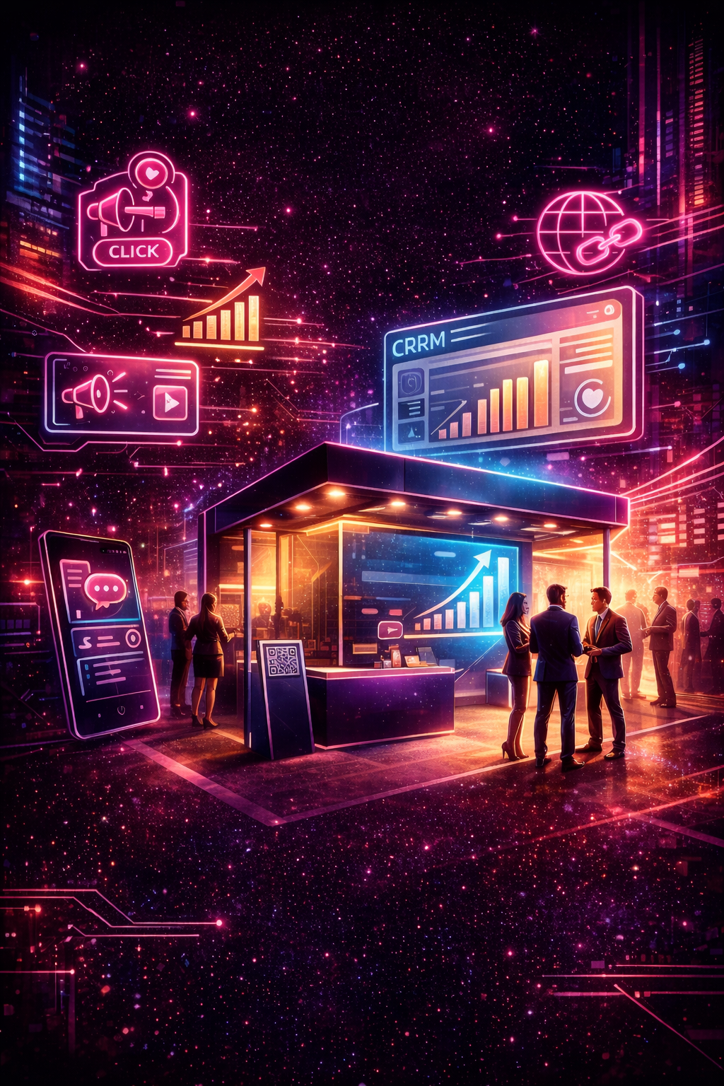 Ilustração futurista em neon mostrando integração entre marketing digital, dados e stand de feira para vendas B2B de alto valor