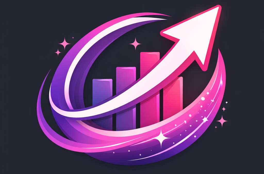Ícone abstrato em tons de rosa e roxo sobre fundo cinza escuro representando crescimento e marketing digital