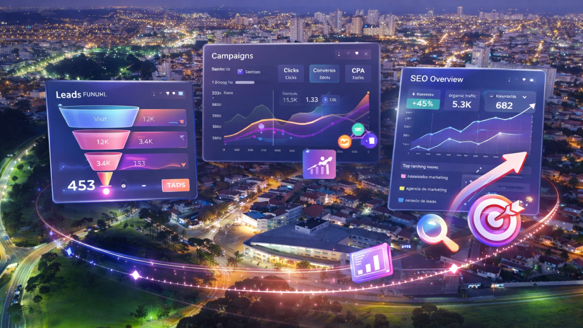 Vista aérea de Indaiatuba com destaque para o Parque Ecológico e dashboards de leads, campanhas e SEO sobrepostos