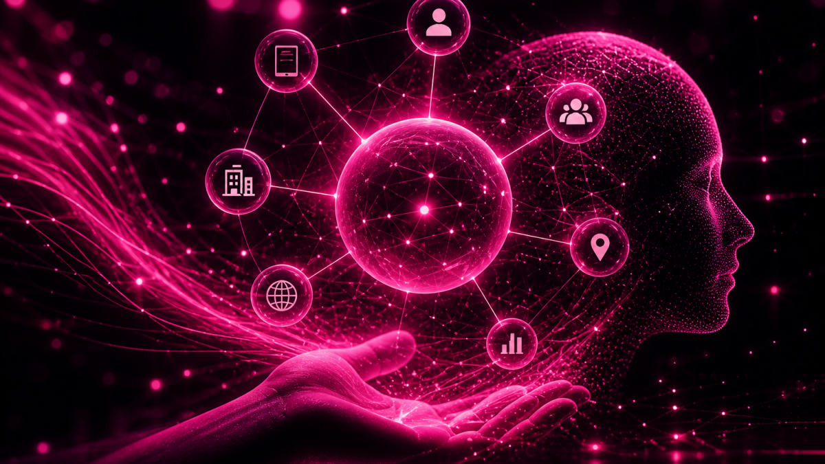 Ilustração abstrata em tons de rosa pink mostrando uma rede de conexões digitais, inteligência artificial e entidades conectadas.
